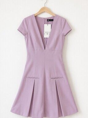 Zara Lilac V-Neck Fit-and-Flare Mini Dress
